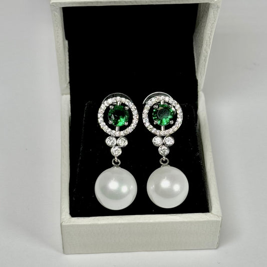 Aritos colgante verdes de perla redonda de lujo para mujer, Circonia cúbica de moda, joyería para fiesta y boda.