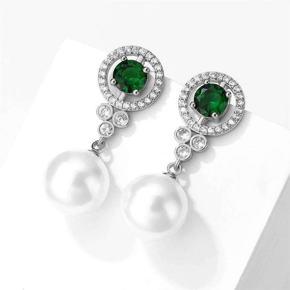 Aritos colgante verdes de perla redonda de lujo para mujer, Circonia cúbica de moda, joyería para fiesta y boda.